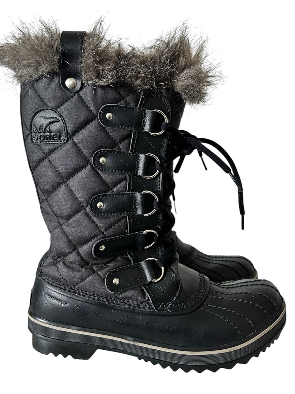 Sorel Tofino Black Quilted Lace-Up Winter Waterproof Boots with Faux Fur Cuff